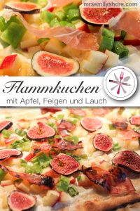 Schneller leckerer herbstlicher Flammkuchen mit Apfel, Feigen, Lauchzwiebeln und Bresola.
